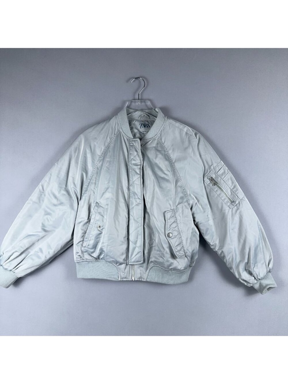 Zara Bomber Jacket Kids Size 13-14 Silver Zipper Utility Pocket Left Sleeve
